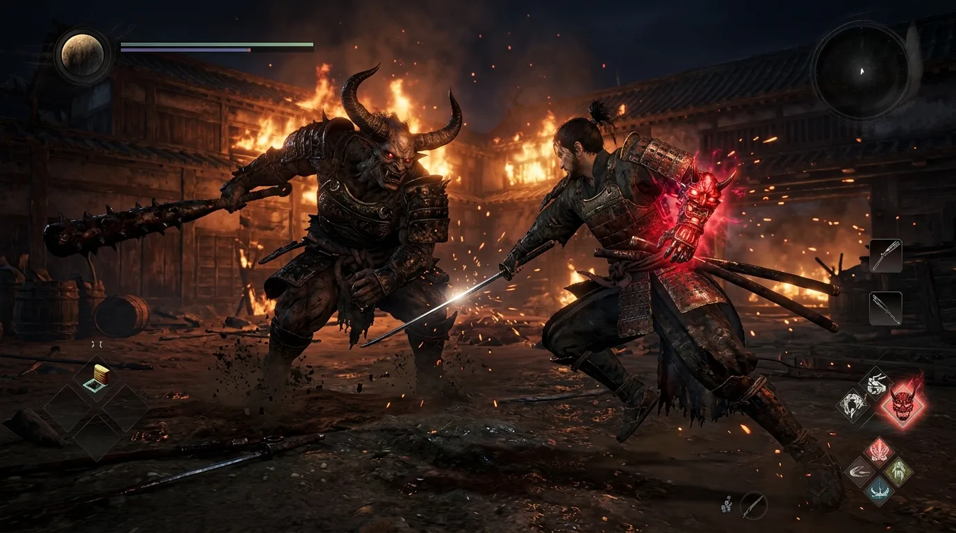Miyamoto Musashi executing an Issen counter with the Oni Gauntlet in Onimusha: Way of the Sword
