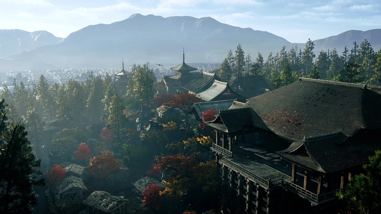 Onimusha: Way of the Sword Kyoto Kiyomizu vista under demonic twilight