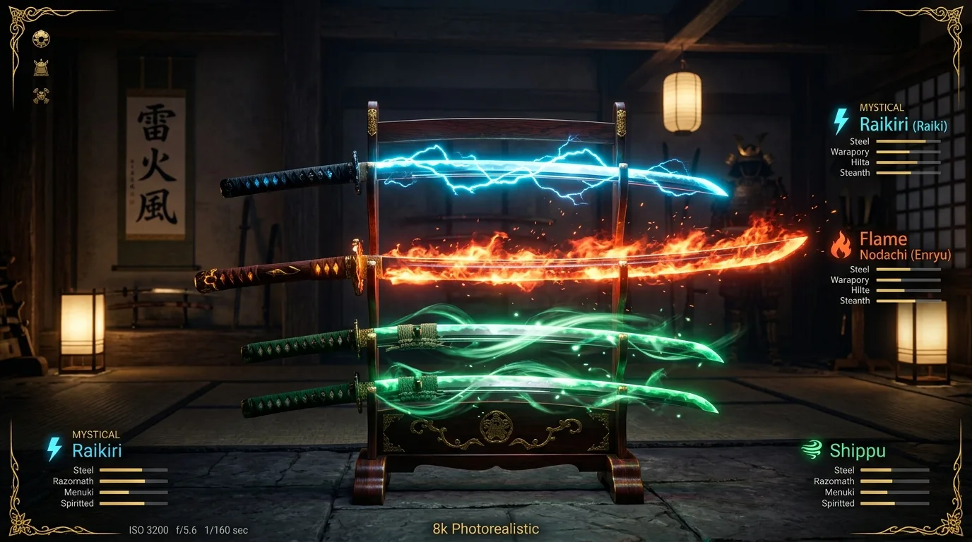 Elemental blades Raizan, Enryu, Senpu, and Bishamonten Sword in Onimusha: Way of the Sword